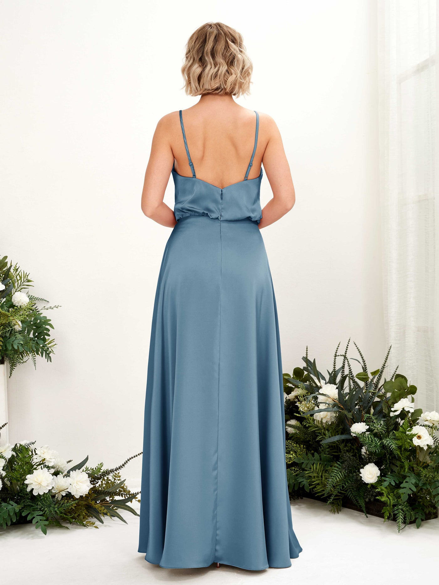 A-line Spaghetti-straps V-neck Satin Bridesmaid Dress - Ink blue (80224514)#color_ink-blue