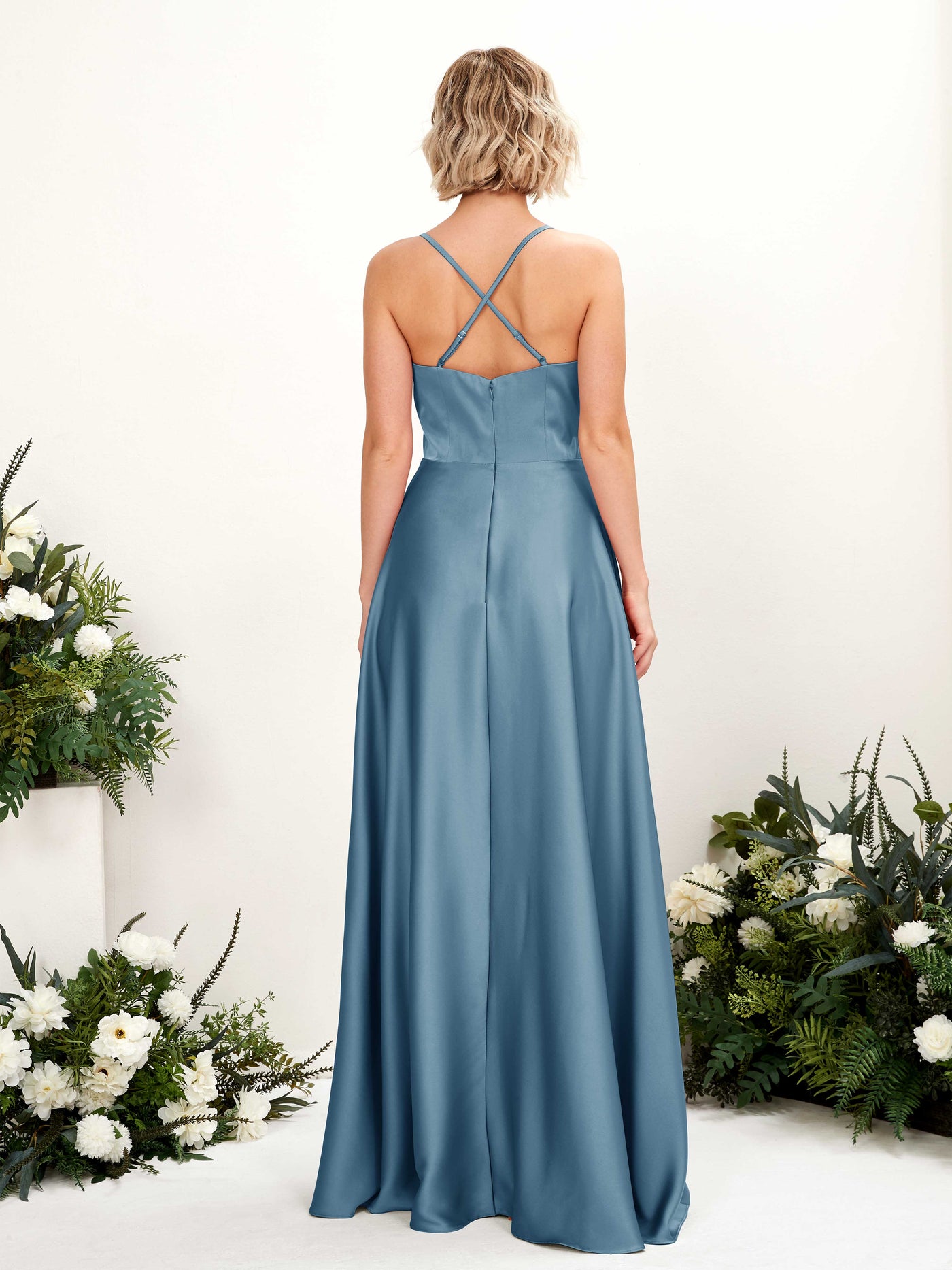 A-line Straps V-neck Satin Bridesmaid Dress - Ink blue (80224814)#color_ink-blue
