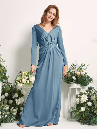Carlyna Alicia Mermaid Ink blue Satin Bridesmaid Dress Maxi Long Sleeve V-Neck Front View #color_ink-blue