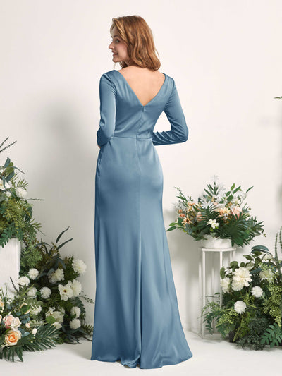 Carlyna Alicia Mermaid Ink blue Satin Bridesmaid Dress Maxi Long Sleeve V-Neck Back View #color_ink-blue