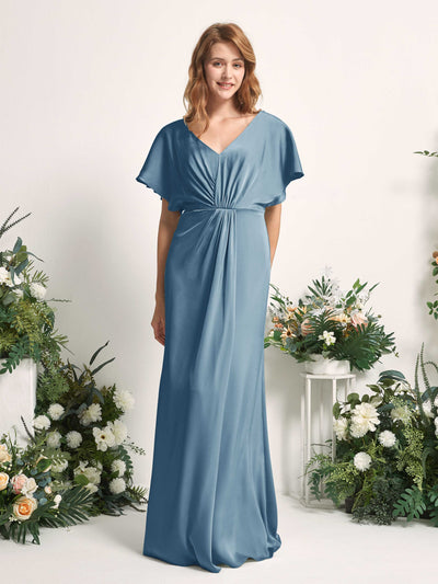 Carlyna Bailey A-Line Ink blue Satin Bridesmaid Dress Maxi Cap Sleeve V-Neck Dress Front View #color_ink-blue