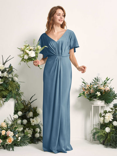 Carlyna Bailey A-Line Ink blue Satin Bridesmaid Dress Maxi Cap Sleeve V-Neck Dress Side View 2 #color_ink-blue