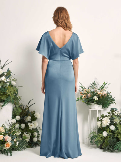 Carlyna Bailey A-Line Ink blue Satin Bridesmaid Dress Maxi Cap Sleeve V-Neck Dress Back View #color_ink-blue