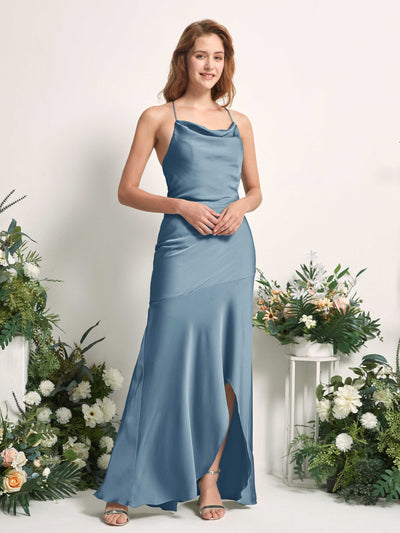 Carlyna Florence Mermaid Ink blue Satin Bridesmaid Dress Maxi Sleeveless Cowl Neck Dress Side View 2 #color_ink-blue