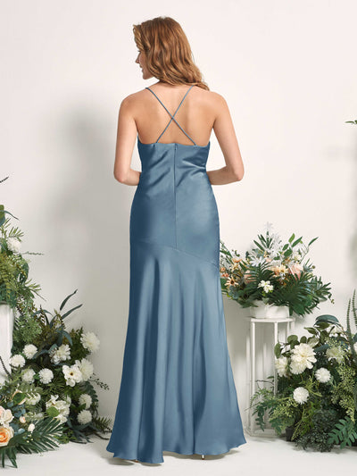 Carlyna Florence Mermaid Ink blue Satin Bridesmaid Dress Maxi Sleeveless Cowl Neck Dress Back View #color_ink-blue