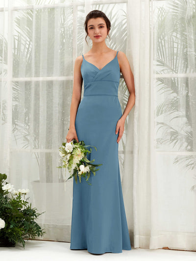 Carlyna Kama Mermaid Ink blue Satin Bridesmaid Dress Maxi Sleeveless V-Neck Dress #color_ink-blue