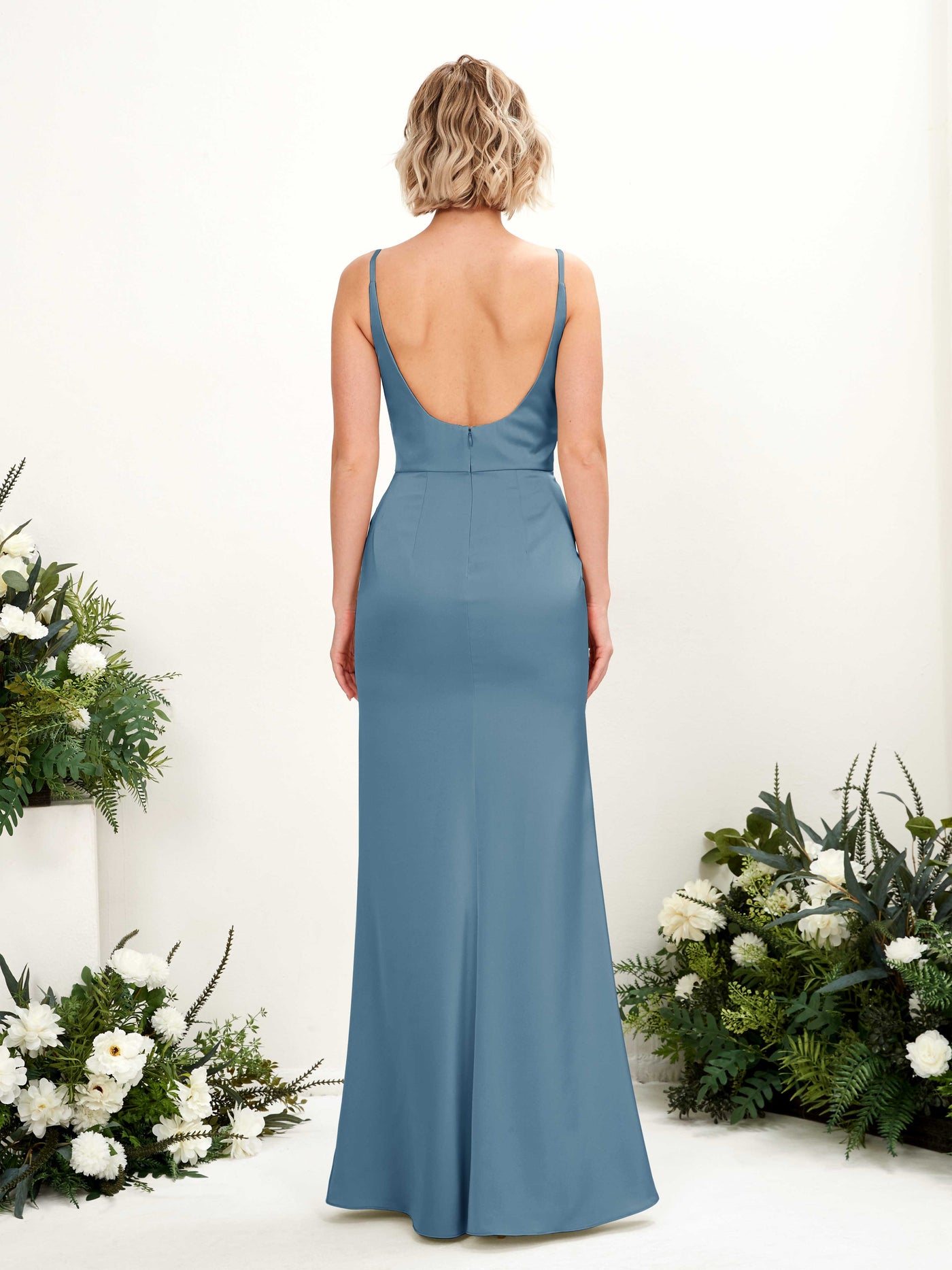 Spaghetti-straps V-neck Sleeveless Satin Bridesmaid Dress - Ink blue (80220714)#color_ink-blue
