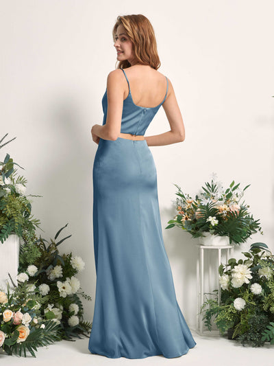Carlyna Felicity Two-Piece Ink blue Satin Bridesmaid Dress Maxi Sleeveless Cowl Neck Dress Back View #color_ink-blue
