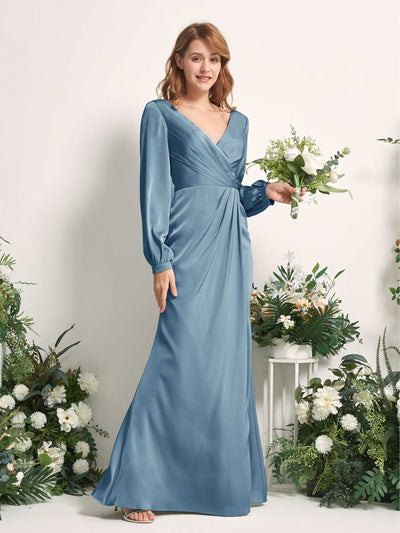 Carlyna Taylor Mermaid Ink blue Satin Bridesmaid Dress Maxi Long Sleeve V-Neck  #color_ink-blue