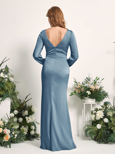 Carlyna Taylor Mermaid Ink blue Satin Bridesmaid Dress Maxi Long Sleeve V-Neck  #color_ink-blue