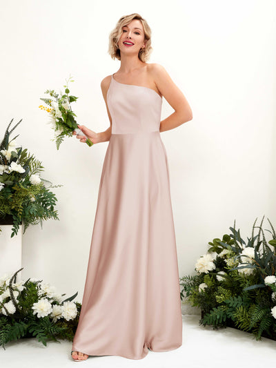 Carlyna Dinah A-Line Pearl Pink Satin Bridesmaid Dress Maxi Sleeveless One Shoulder Dress Front View #color_pearl-pink