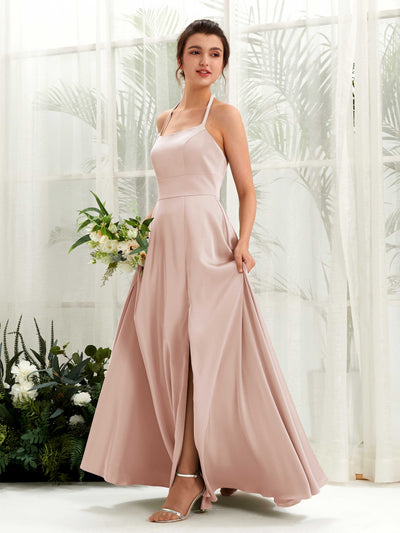 Carlyna Jocelyn A-Line Pearl Pink Satin Bridesmaid Dress Maxi Sleeveless Halter Dress #color_pearl-pink