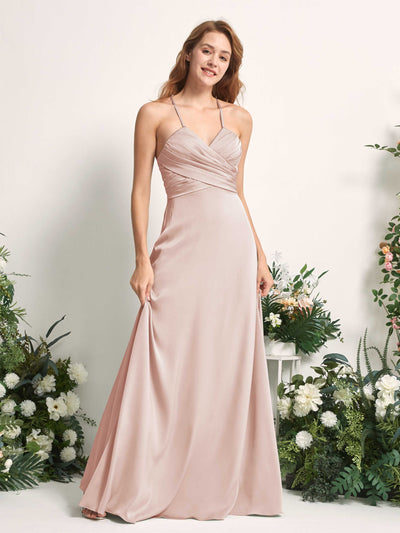 Carlyna Allison A-Line Pearl Pink Satin Bridesmaid Dress Maxi Sleeveless V-Neck Dress Side View 2 #color_pearl-pink