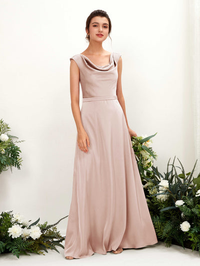 Carlyna Irma A-Line Pearl Pink Satin Bridesmaid Dress Maxi Sleeveless Cowl Neck Dress Front View #color_pearl-pink