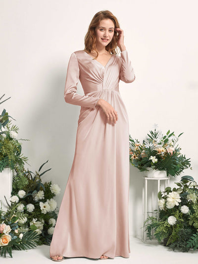 Carlyna Alicia Mermaid Pearl Pink Satin Bridesmaid Dress Maxi Long Sleeve V-Neck Side View 2 #color_pearl-pink