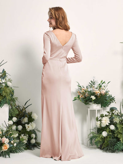 Carlyna Alicia Mermaid Pearl Pink Satin Bridesmaid Dress Maxi Long Sleeve V-Neck Back View #color_pearl-pink