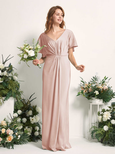 Carlyna Bailey A-Line Pearl Pink Satin Bridesmaid Dress Maxi Cap Sleeve V-Neck Dress Side View 2 #color_pearl-pink