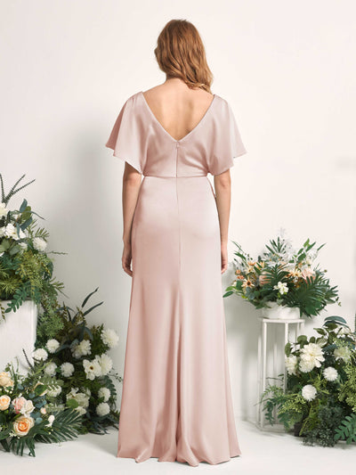 Carlyna Bailey A-Line Pearl Pink Satin Bridesmaid Dress Maxi Cap Sleeve V-Neck Dress Back View #color_pearl-pink