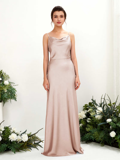 Carlyna Flora A-Line Pearl Pink Satin Bridesmaid Dress Maxi Sleeveless Cowl Neck Dress Front View #color_pearl-pink