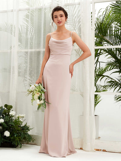 Carlyna Candice Sheath Pearl Pink Satin Bridesmaid Dress Maxi Sleeveless Cowl Neck Dress Front View #color_pearl-pink