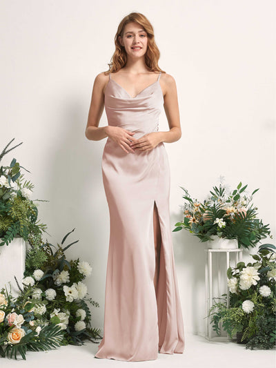 Carlyna Hayley Mermaid Pearl Pink Satin Bridesmaid Dress Maxi Sleeveless V-Neck Dress Front View #color_pearl-pink
