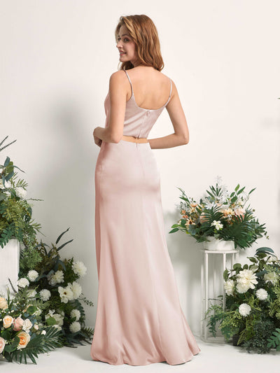 Carlyna Felicity Two-Piece Pearl Pink Satin Bridesmaid Dress Maxi Sleeveless Cowl Neck Dress Back View #color_pearl-pink