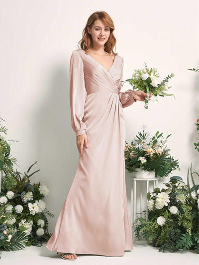 Carlyna Taylor Mermaid Pearl Pink Satin Bridesmaid Dress Maxi Long Sleeve V-Neck  #color_pearl-pink