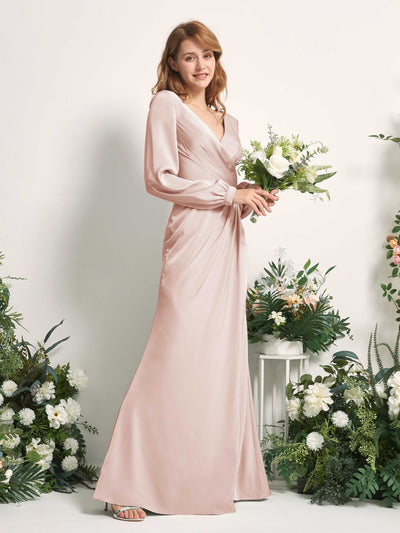 Carlyna Taylor Mermaid Pearl Pink Satin Bridesmaid Dress Maxi Long Sleeve V-Neck  #color_pearl-pink