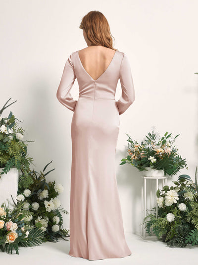 Carlyna Taylor Mermaid Pearl Pink Satin Bridesmaid Dress Maxi Long Sleeve V-Neck  #color_pearl-pink