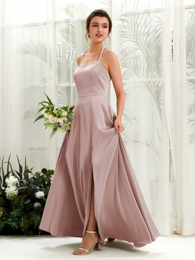 Carlyna Jocelyn A-Line Dusty Rose Satin Bridesmaid Dress Maxi Sleeveless Halter Dress #color_dusty-rose