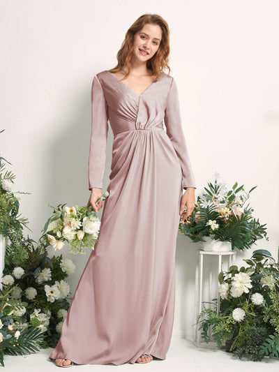 Carlyna Alicia Mermaid Dusty Rose Satin Bridesmaid Dress Maxi Long Sleeve V-Neck Front View #color_dusty-rose
