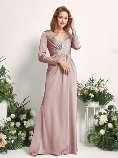 Carlyna Alicia Mermaid Dusty Rose Satin Bridesmaid Dress Maxi Long Sleeve V-Neck Side View 2 #color_dusty-rose