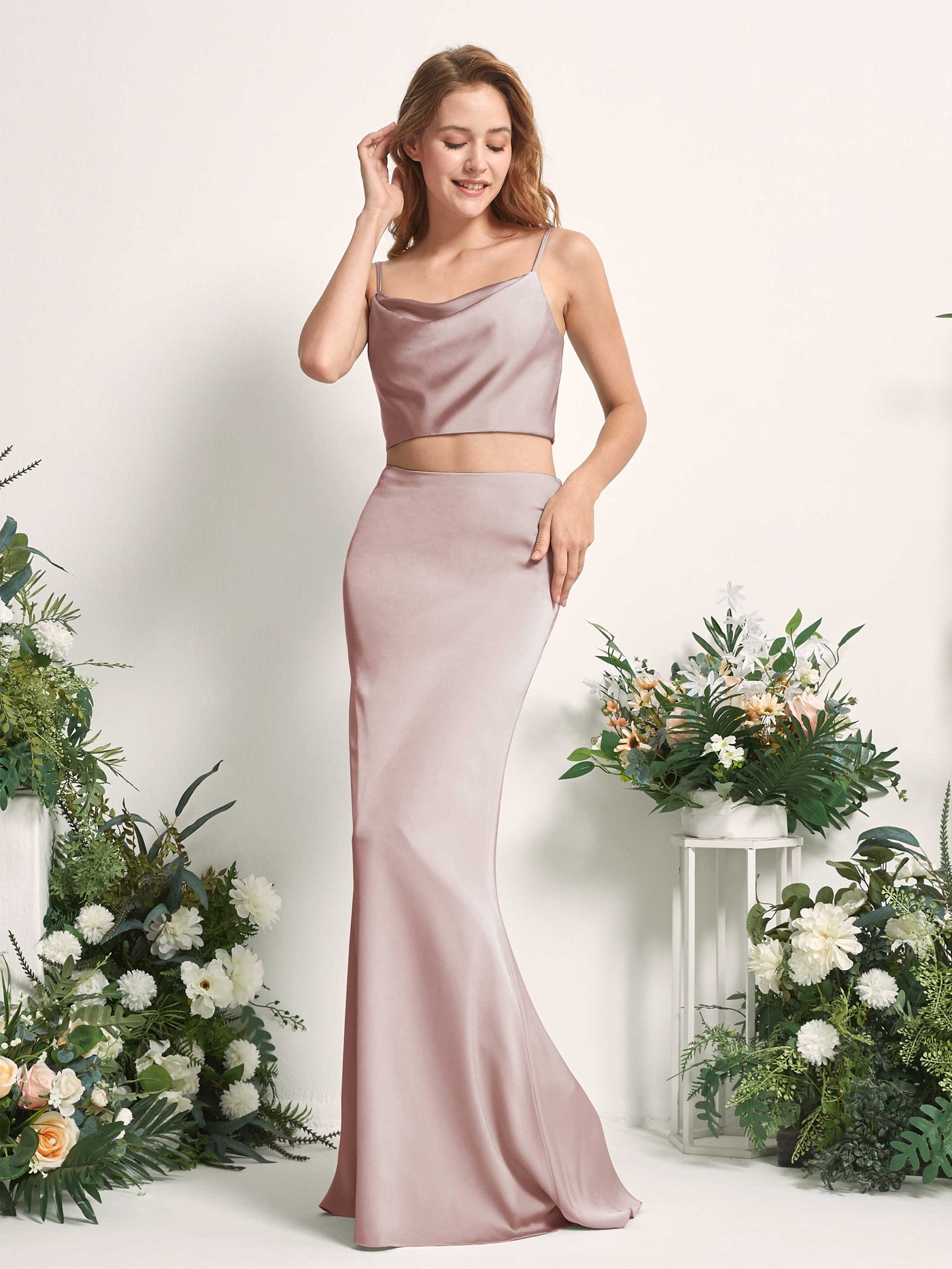 Dusty Blue Satin Two-Piece Bridesmaid Dress Mermaid Cowl Neck Maxi Carlyna UK 99.00 Dusty Blue Satin Two-Piece Bridesmaid Dress Mermaid Cowl Neck Maxi Carlyna UK 99.00