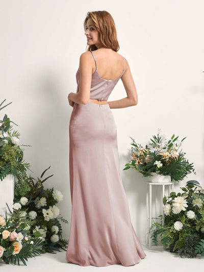 Carlyna Felicity Two-Piece Dusty Rose Satin Bridesmaid Dress Maxi Sleeveless Cowl Neck Dress Back View #color_dusty-rose