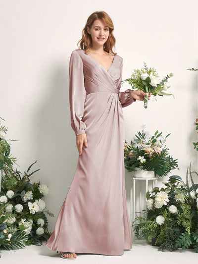Carlyna Taylor Mermaid Dusty Rose Satin Bridesmaid Dress Maxi Long Sleeve V-Neck  #color_dusty-rose