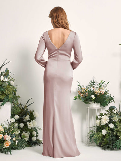 Carlyna Taylor Mermaid Dusty Rose Satin Bridesmaid Dress Maxi Long Sleeve V-Neck  #color_dusty-rose