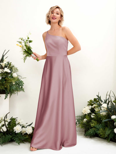 Carlyna Dinah A-Line Rose Quartz Satin Bridesmaid Dress Maxi Sleeveless One Shoulder Dress Front View #color_rose-quartz