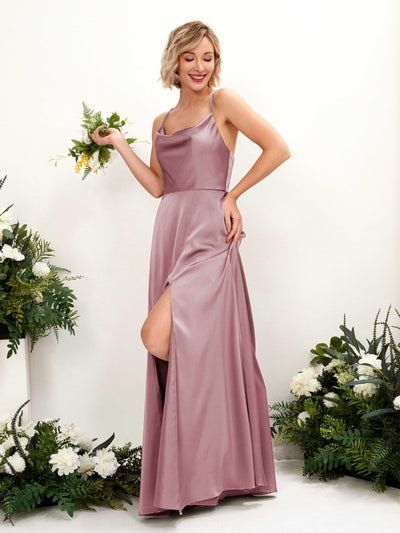Carlyna Nydia A-Line Rose Quartz Satin Bridesmaid Dress Maxi Sleeveless Cowl Neck Dress #color_rose-quartz