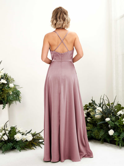 Carlyna Nydia A-Line Rose Quartz Satin Bridesmaid Dress Maxi Sleeveless Cowl Neck Dress #color_rose-quartz