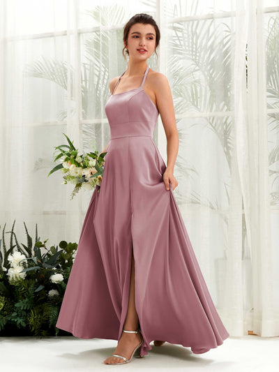 Carlyna Jocelyn A-Line Rose Quartz Satin Bridesmaid Dress Maxi Sleeveless Halter Dress #color_rose-quartz
