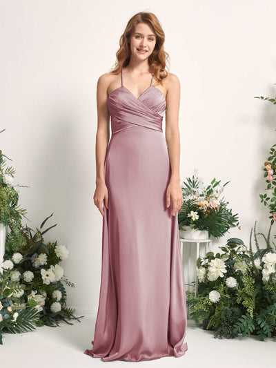 Carlyna Allison A-Line Rose Quartz Satin Bridesmaid Dress Maxi Sleeveless V-Neck Dress Front View #color_rose-quartz