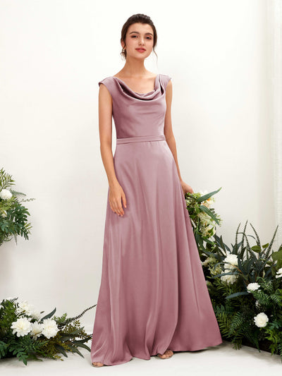 Carlyna Irma A-Line Rose Quartz Satin Bridesmaid Dress Maxi Sleeveless Cowl Neck Dress Front View #color_rose-quartz