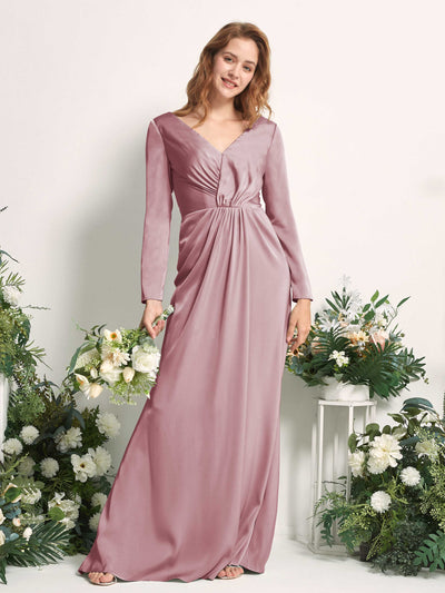 Carlyna Alicia Mermaid Rose Quartz Satin Bridesmaid Dress Maxi Long Sleeve V-Neck Front View #color_rose-quartz