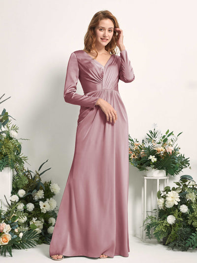 Carlyna Alicia Mermaid Rose Quartz Satin Bridesmaid Dress Maxi Long Sleeve V-Neck Side View 2 #color_rose-quartz