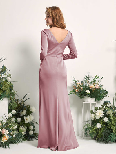 Carlyna Alicia Mermaid Rose Quartz Satin Bridesmaid Dress Maxi Long Sleeve V-Neck Back View #color_rose-quartz
