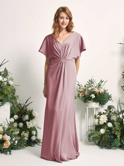 Carlyna Bailey A-Line Rose Quartz Satin Bridesmaid Dress Maxi Cap Sleeve V-Neck Dress Front View #color_rose-quartz