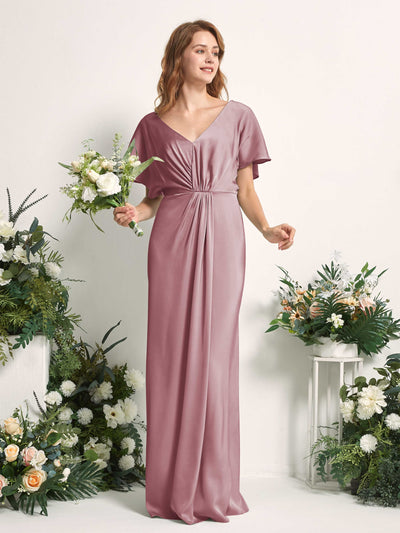 Carlyna Bailey A-Line Rose Quartz Satin Bridesmaid Dress Maxi Cap Sleeve V-Neck Dress Side View 2 #color_rose-quartz