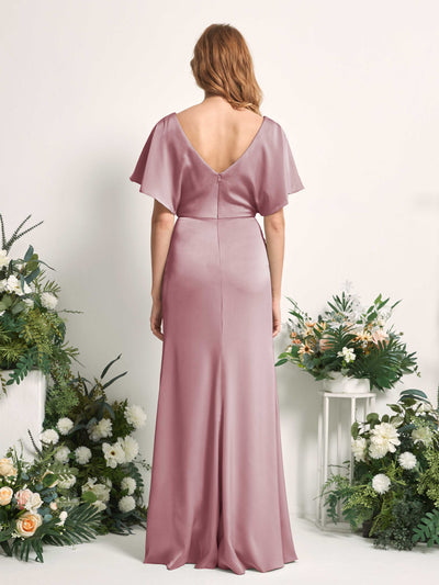 Carlyna Bailey A-Line Rose Quartz Satin Bridesmaid Dress Maxi Cap Sleeve V-Neck Dress Back View #color_rose-quartz