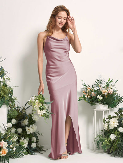 Carlyna Florence Mermaid Rose Quartz Satin Bridesmaid Dress Maxi Sleeveless Cowl Neck Dress Front View #color_rose-quartz