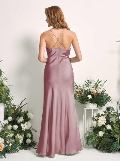Carlyna Florence Mermaid Rose Quartz Satin Bridesmaid Dress Maxi Sleeveless Cowl Neck Dress Back View #color_rose-quartz